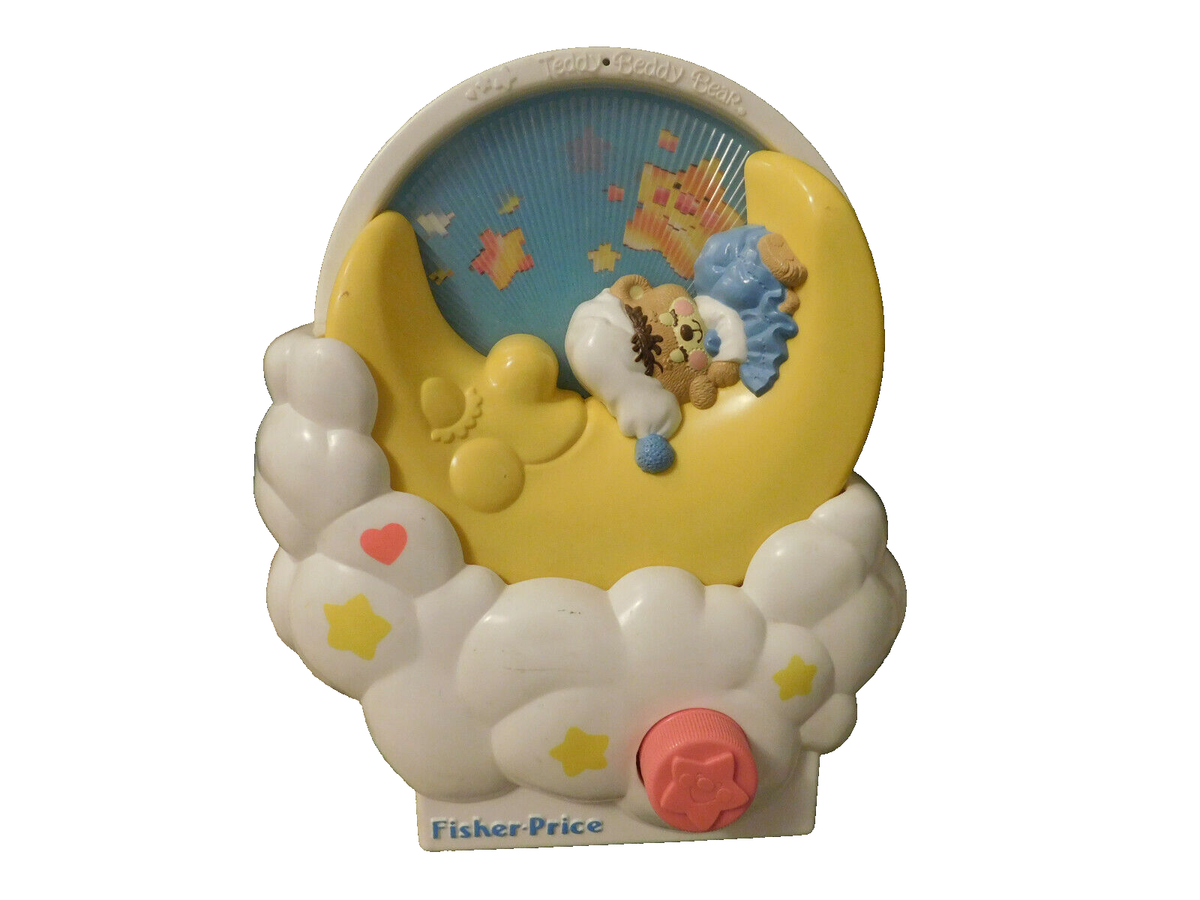 Vtg SWEET Fisher Price Teddy Beddy Bear Crib Music Box Moon #1402