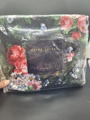 Vtg Ralph Lauren Bed Skirt Dust Ruffle Full  Isadora Cosette Black Floral Cottag