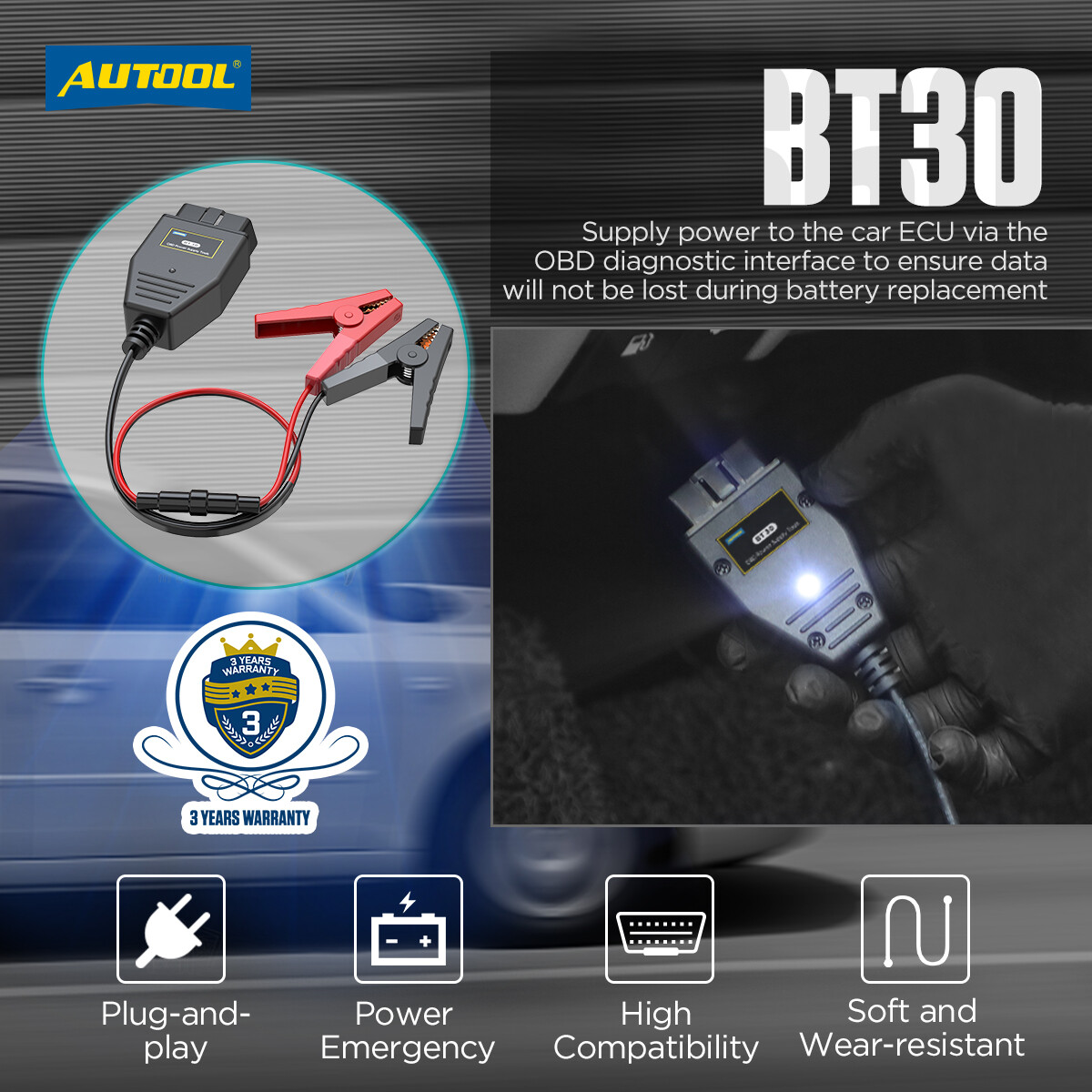 Cavo OBD II Memory Saver Con Clip A Coccodrillo E Display – Kit Salva Memoria Per Sostituzione Batteria Auto, Preserva Dati ECU E Impostazioni Radio, Fusibile 5A - 3