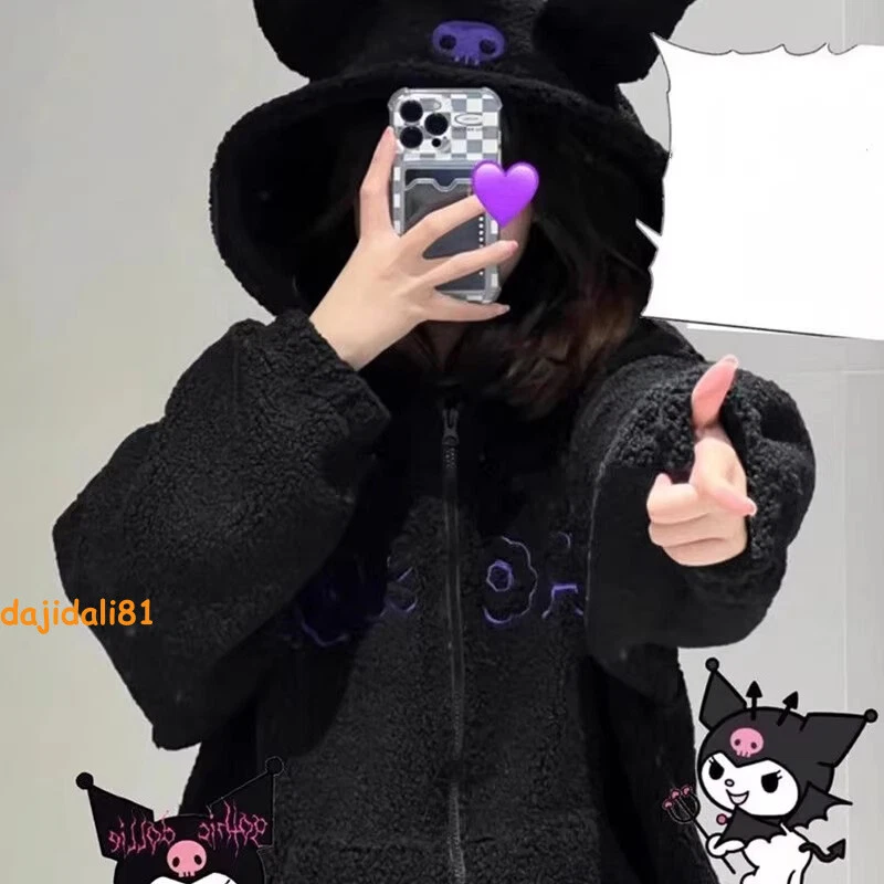 Kuromi Devil Black Fleece Hooded Zipper Jacket Girl Sweatshirt Causual Coat Tops - Image 3 of 4
