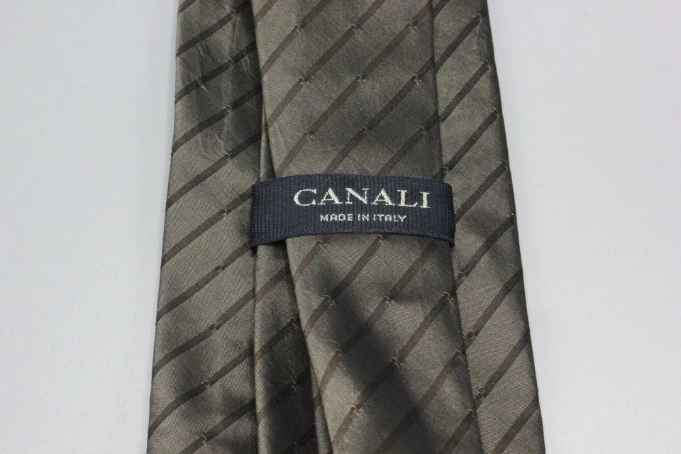 Corbata de seda CANALI. Verdoso con rayas marrones. 59" x 3,75" Foto 3 de 3