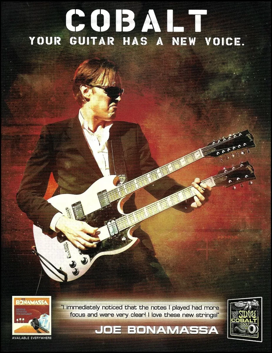 Joe Bonamassa Gibson 58 Double Neck Ernie Ball Cobalt guitar strings 2012 ad
