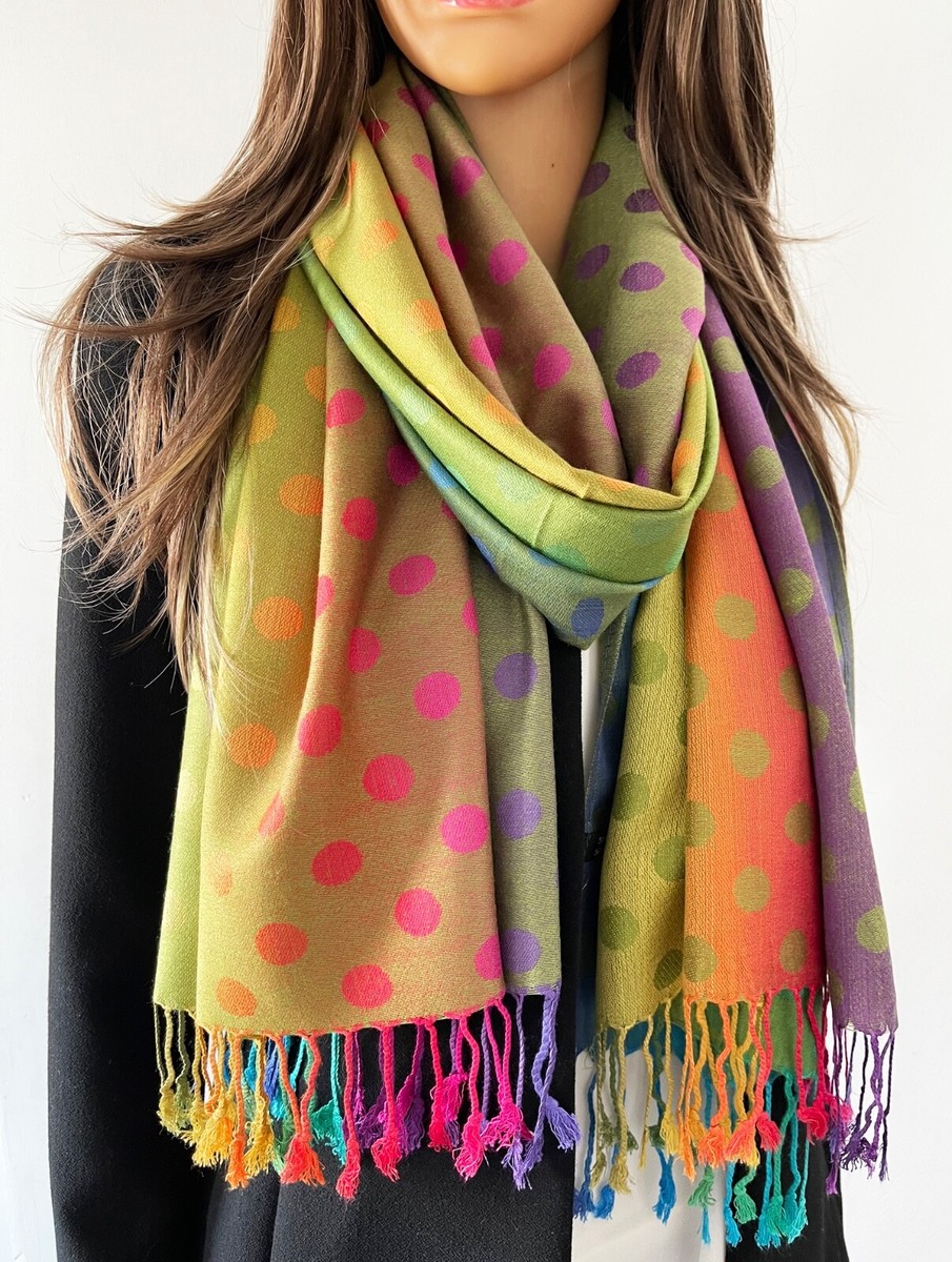 Womens Long Bright Rainbow Scarf Mustard Multi Colour Bubble Dots