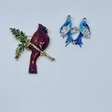 Vintage Bird Brooches Set Of Two Red Holiday Cardinal Blue Lovebirds Pair Xmas