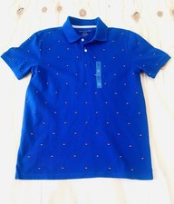NWT Boys L-XL Allover Tommy Hilfiger Logo Polo Blue Shirt Buttoned Up