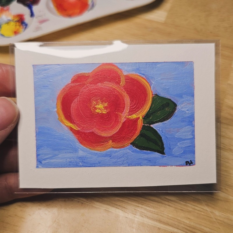 ACEO Original Acrylic Painting, Red Flower on Blue by RJ AYERS, 2.5x3.5 inches