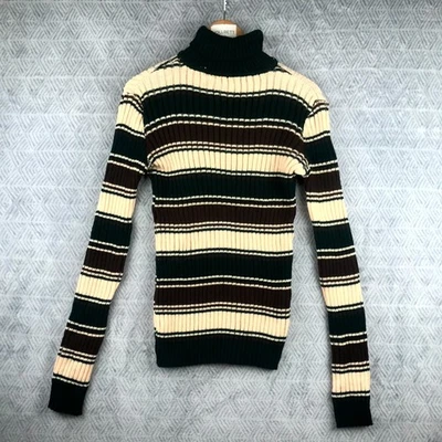 Vintage Pull Femme S Beige Marron Vert Col Roulé Rayé Maille Rétro Enfiler - Photo 1/4