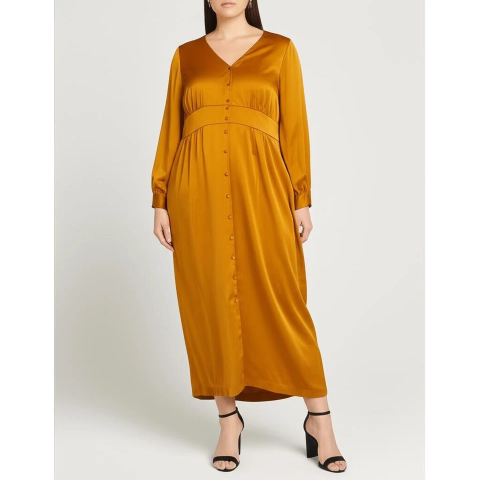 Vestido para mujer J.Crew 22 naranja satinado cuello en V botones frontales boda invitados bolsillos Foto 2 de 4