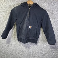 Carhartt Jacket Kids 7-8 Black Hooded Canvas Quilted Lined Heavy Workwear Warm