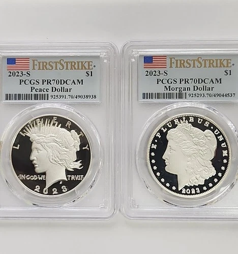 2023 $1 Morgan and Peace Proof Silver Dollar 2pc Set PCGS PR70DCAM First Strike
