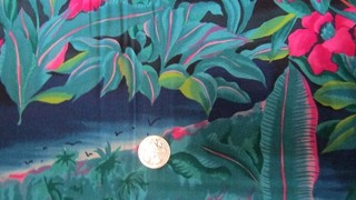 HAWAIIAN Vintage BEACH SCENES FLOWERS On BLUE 1970's COTTON Fabric shy 2 yd