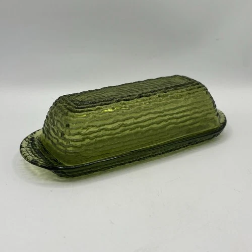 Vtg Anchor Hocking Green Soreno Avocado Stick Covered Butter Dish Glass With Lid