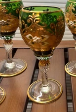 Vtg Set Of 6 Green And Gold Glass Cordials Empoli Venetian Murano Moser?? 
