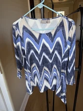 Chico's flame stitch blue, white & tan top w/chevron pattern Size 2 (L) Boho