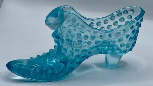 Vintage Mid Century Blue Fenton Hobnail Cat Kitten Head Glass Slipper