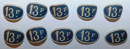 LOT OF 10 OLD FRANC PRICE TAGS. 13 F. WAFFLED AND GUMMED. VGC