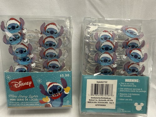 Pair 2 Disney Santa Stitch Mini String Lights 20 LED Silver Wire Battery Powered
