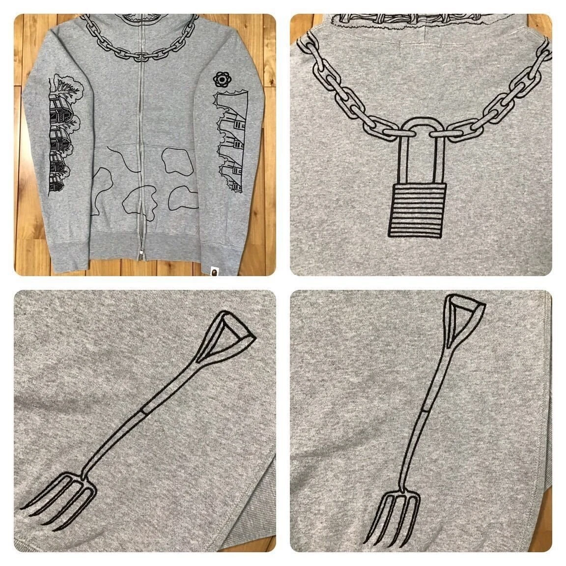 A BATHING APE (BAPE) Felpa con cappuccio BAPE Holstein full zip uomo M taglia A scimmia da bagno mucca grigio Mede in Giappone