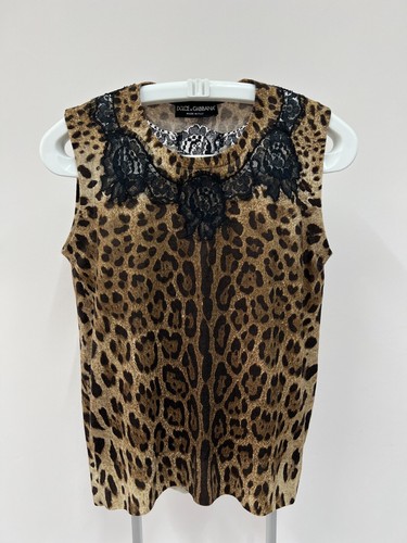 Women's DOLCE & GABBANA Leopard Print Sleeveles Blouse Top Wool Cotton Size 40 - Picture 2 of 10