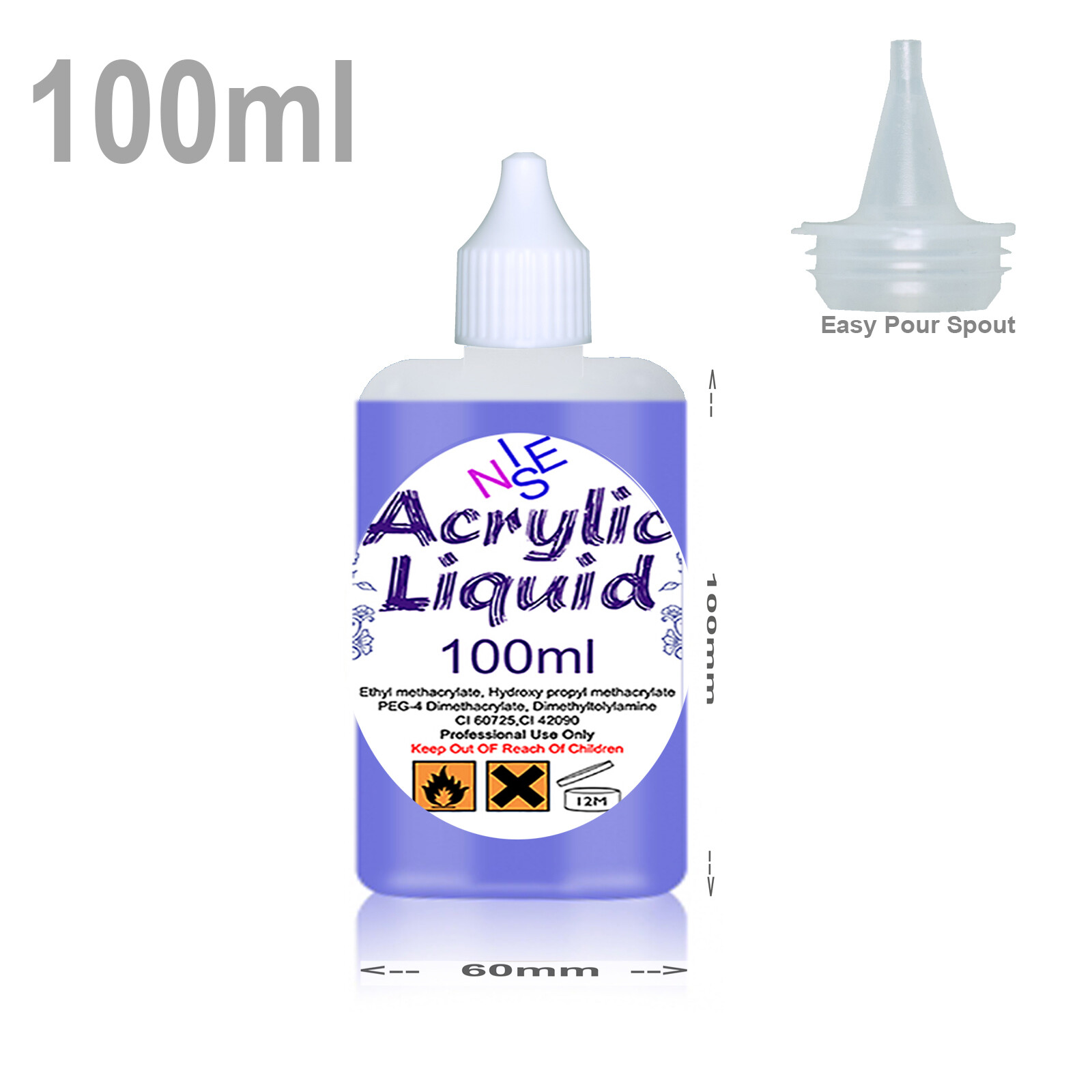 NISE 100ml ACRYLIC LIQUID MONOMER FALSE SALON NAILS REQUIRES POWDER SPOUT CAP