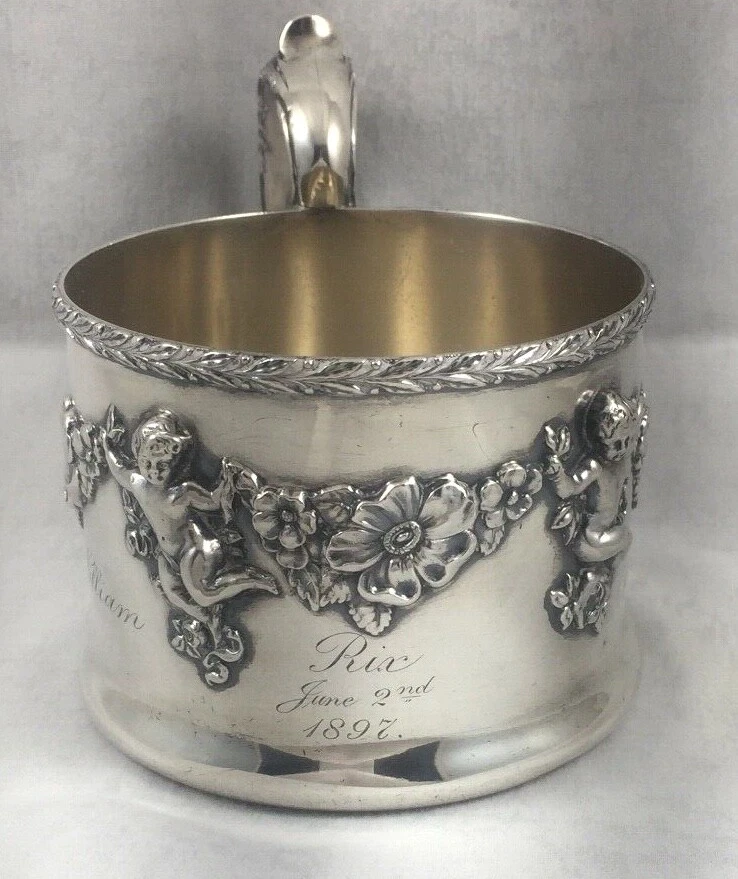 Taza grande Cherub Shreve & Co Makers San Francisco 925/1000 esterlina 1897 Foto 2 de 4