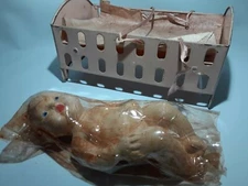 The Sun Rubber Co 5.5" Newborn Baby Doll Squeak Toy / Pink Metal Bed Set 1930's