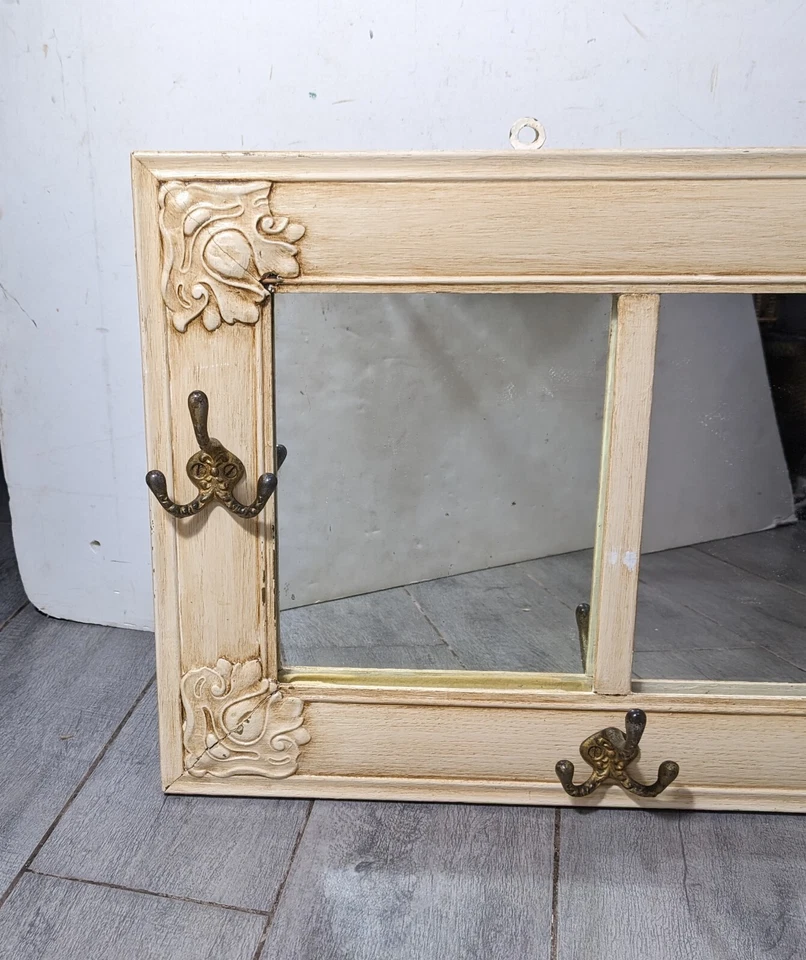 Vintage French Provincial Shabby Chic Cream 3-Panel Wall Mirror w Coat Hooks - Image 3 of 4