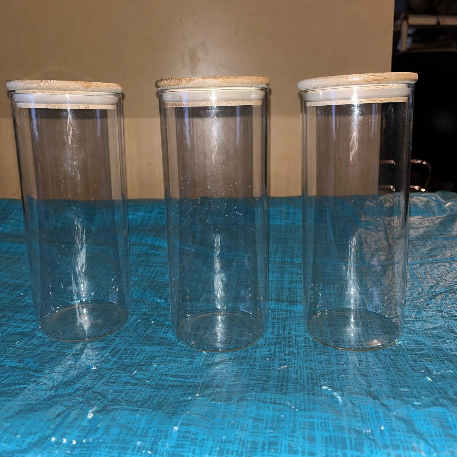 8”x3.5” clear glass storage jars with wood lid/ 30 oz/ set of 3