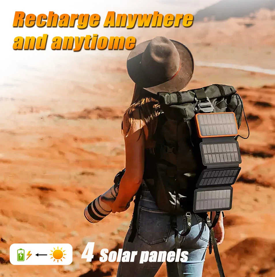 4 Panels Solar Power Bank Waterproof 25000mAh Fast charger Pack USB Battery - Image 3 of 4