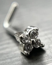 Four CZ Gem Set Square Design 20g Surgical Steel L-Bend Nose Stud Screw Ring