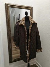 Dennis Basso Faux Fur & Water Resistant Reversible Coat, Chocolate NWOT Size S