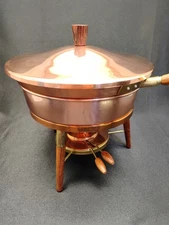 Vintage Mid Century Copper Chafing Dish with Lid & Stand Wood Handles Japan