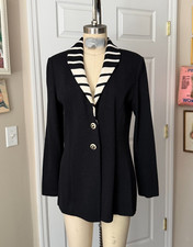 St. John BLACK White Wool blend STRIPE Collar Trim Blazer Jacket SIZE 6