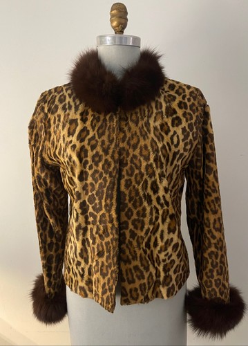 CACHE faux leopard jacket w/fox fur collar & cuffs~M~UNUSUAL~NICE