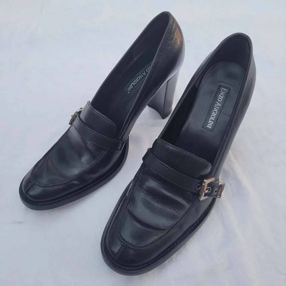 Mocasín de tacón alto ENZO ANGIOLINI de cuero negro talla 9B 3" hebilla de correa de tacón alto Foto 2 de 4