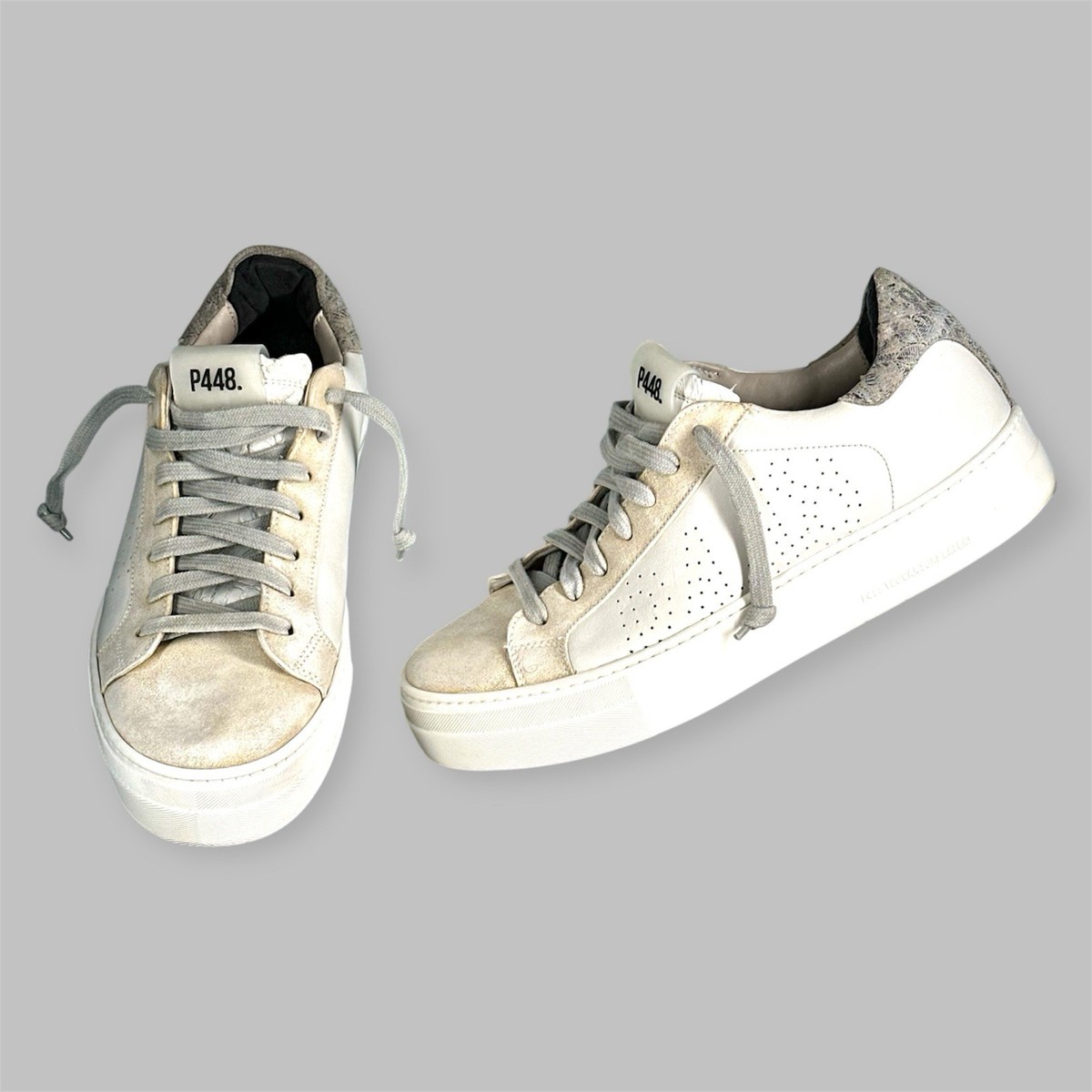 P448 Women Thea White Leather Grey Suede Sneakers Shoes Size 39 US