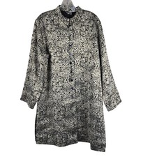 Chico's Metallic Gold Black Damask Jacket Silk Lined Size 2 Large Longline