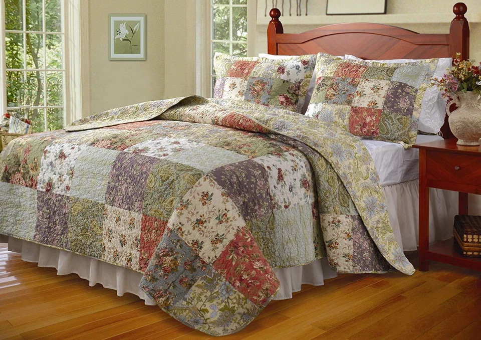 QUALITY BEAUTIFUL PATCHWORK ELEGANT CLASSIC FLORAL ROSE IVORY BLUE GREEN QUILT SET KING