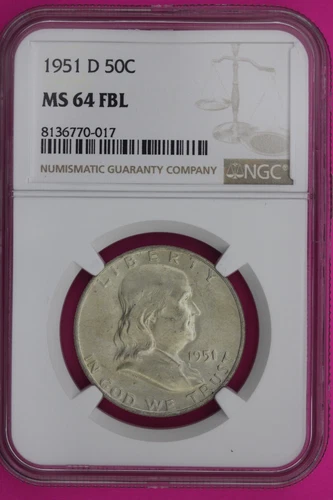 Full Bell Lines 1951 D MS 64 FBL Ben Franklin Half Dollar Silver Coin NGC 957