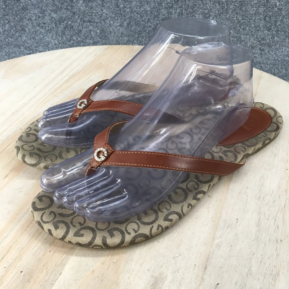 G By Guess Sandals Womens  9.5 M Thong Flats Brown Leather Signature Print - Image 3 of 4