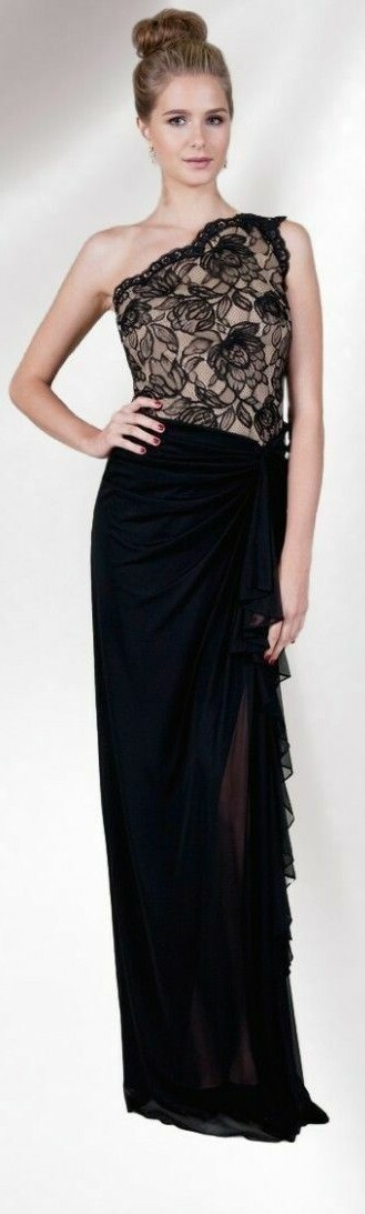 Tadashi Shoji One Shoulder Bloom Lace Black Nude Draped