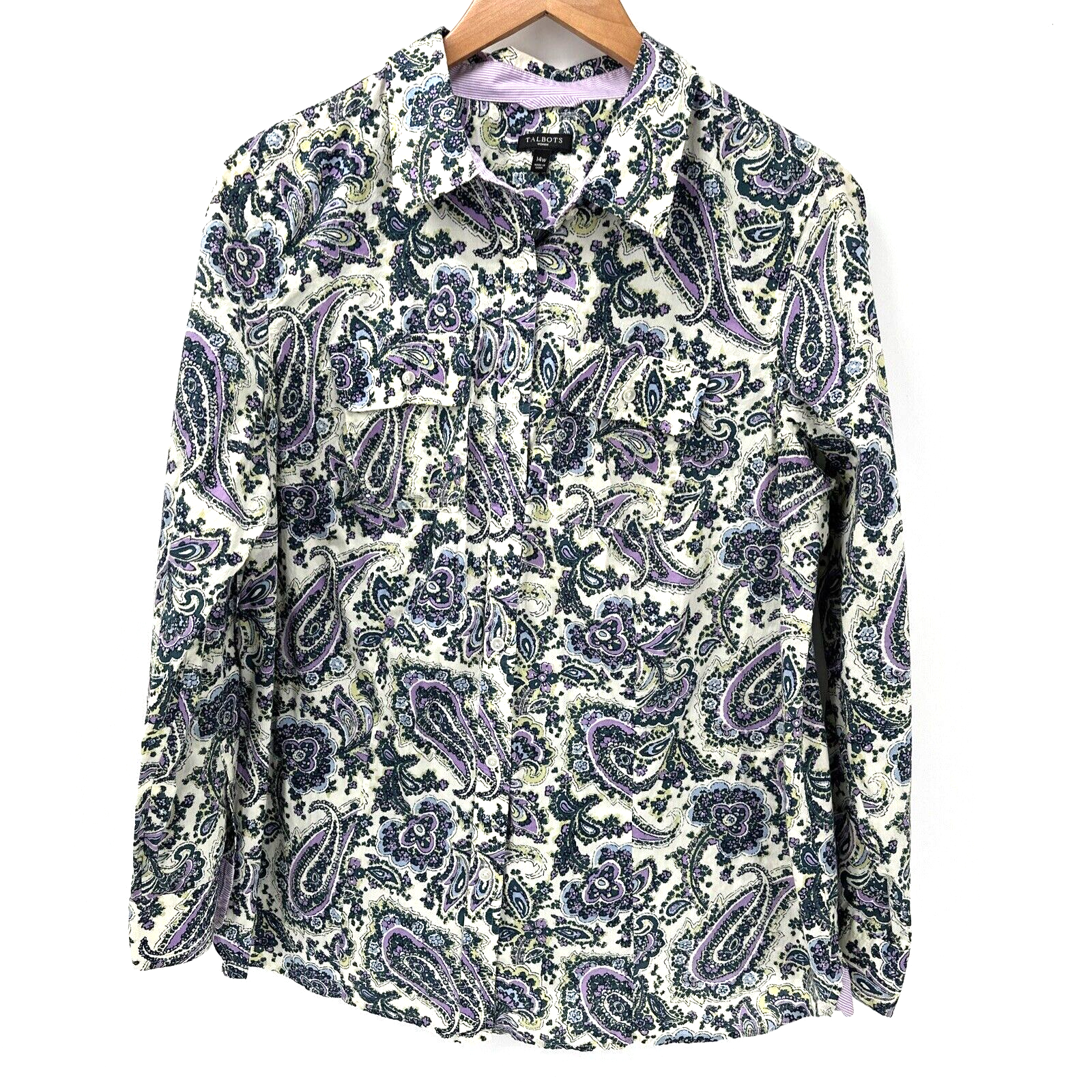 Talbots Blouse Womens 14W Button Up Paisley Floral Long Sleeves Purple Blue
