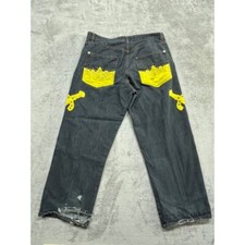 Y2K Crown Holder Jeans Streetwear Baggy Gray Embroidered Studded Measured 37x29