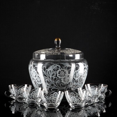Altes Bowle Set Gefäß + 6 Gläser Ichendorf Blumen weiß Dekor Goldrand ~ 50er
