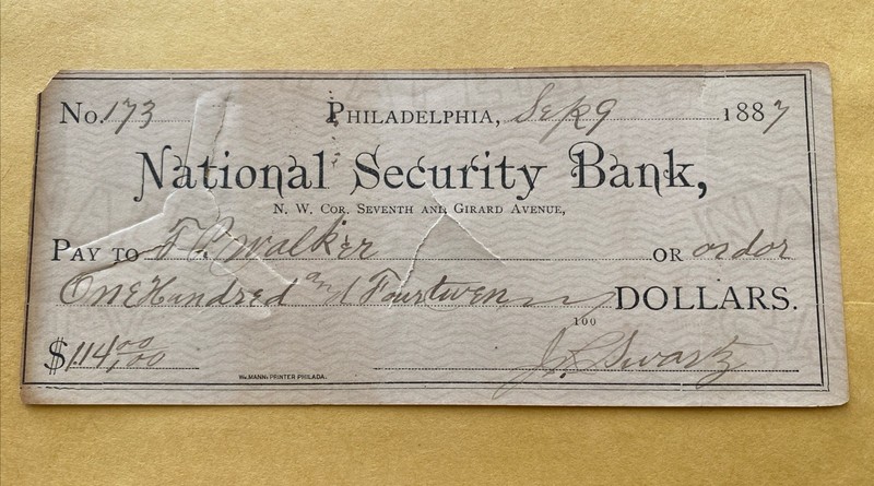 1887 Philadelphia NATIONAL SECURITY BANK Seventh & Girard $114 Bank Check