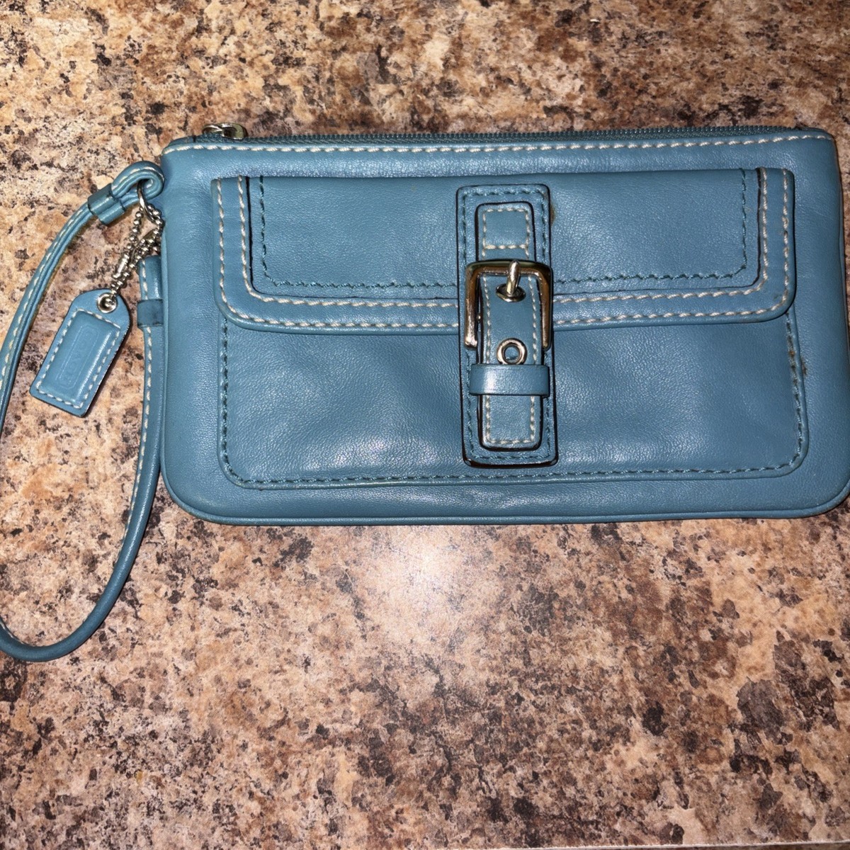 Vintage COACH Leather Bleeker Wristlet Buckle Pocket Turquoise