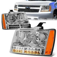 FOR 07-14 TAHOE SUBURBAN PAIR LED DRL TURN SIGNAL HEADLIGHT LAMPS CHROME AMBER