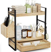 2-Tier Bathroom Counter Organizer with Drawer and Basket, Wood Countertop Organi