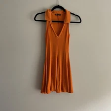 Zara Women S Orange Ribbed Sporty Sleeveless V-Neck Lapel Collar Skater Dress