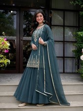 New Latest Roman Cotton Teal Green Top Lehenga With Dupatta For Wedding Wear